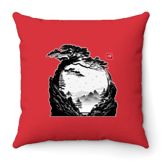 Japanese Zen Circle Landscape Buddhism Bonsai Tree Throw Pillows