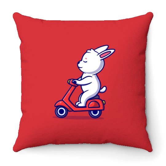 Cute bunny riding scooter icon illustration Throw Pillows