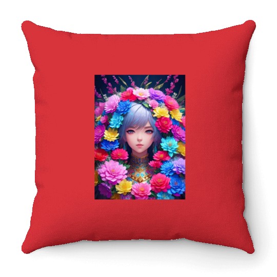 Spring Girl with a bouqet of flowers garland #13 Throw Pillows