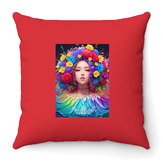 Spring Girl with a bouqet of flowers garland #17 Throw Pillows