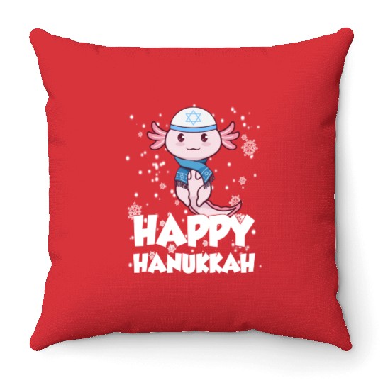Happy Hanukkah Axolotl Kawaii Cute Axolotl Lover Throw Pillows