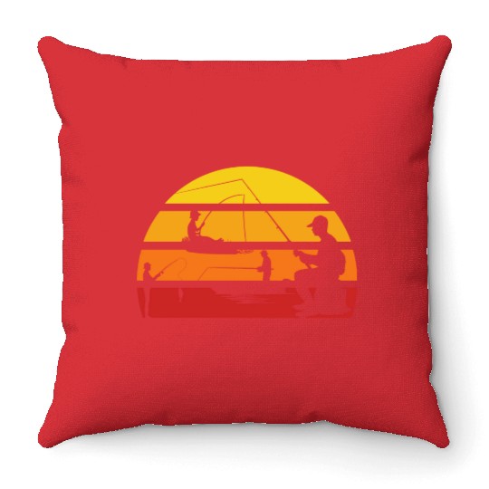 Vintage sunset fishing boat angler Throw Pillows