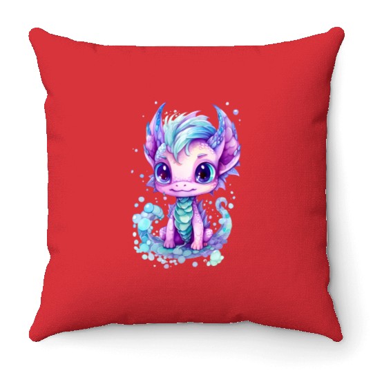 Cute aqua and purple watercolor dragon Throw Pillows
