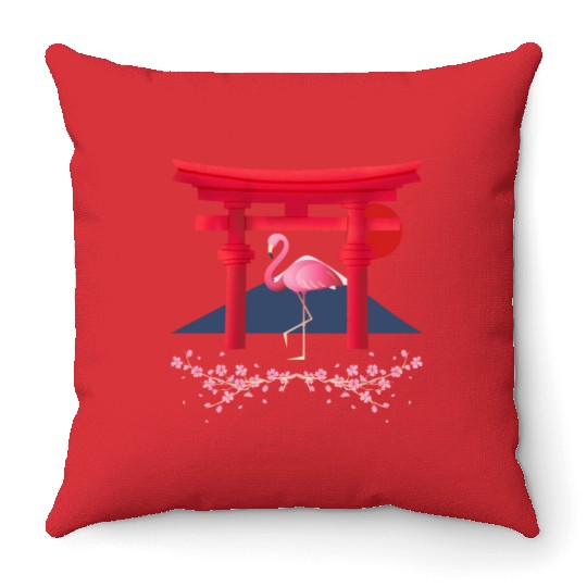 Japanese flamingo Throw Pillows