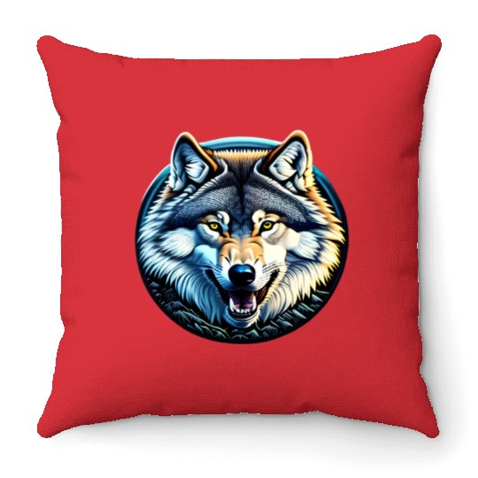 A fierce wolf howling at the moon Throw Pillows