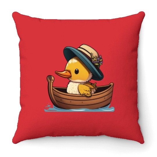 Cute Duck rowing in rowing boat rowboat skiff Throw Pillows