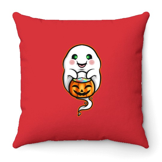 Kawaii Ghost Holding Pumpkin Trick Or Treat Bag Throw Pillows
