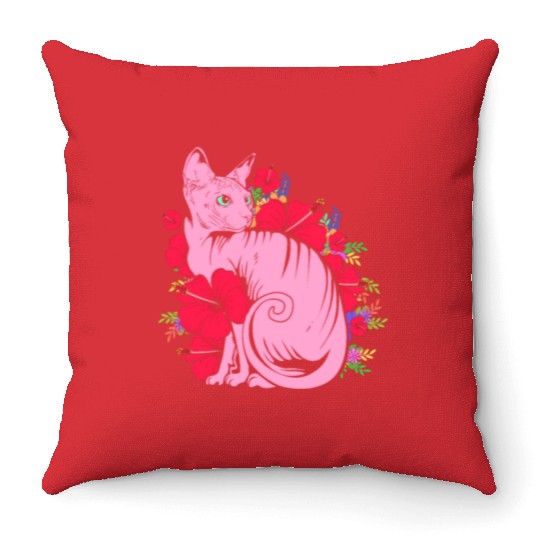 Cat Owner Pet Kitten Sphynx Cat With Flowers Throw Pillows