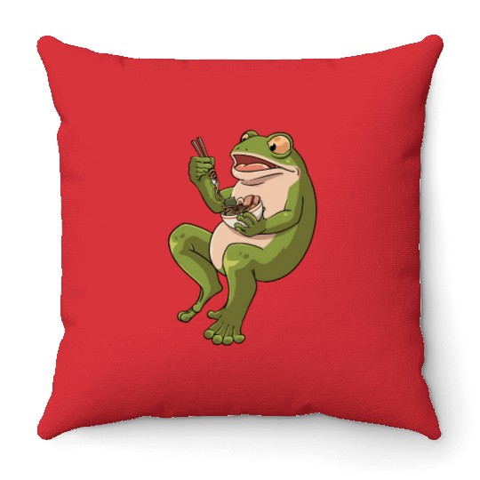 Toad Frog eating Ramen Soup Design for a Frog Throw Pillows