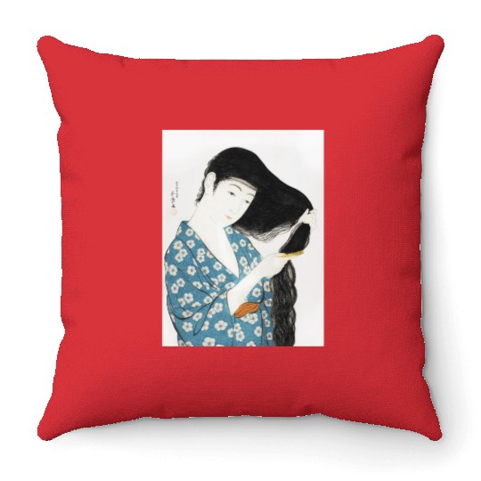 Japanese Woman Kimono Hair Ukiyoe art Throw Pillows