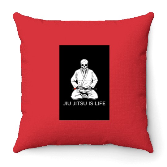 Jiu Jitsu is Life seated blackbelt skeleton poster Throw Pillows