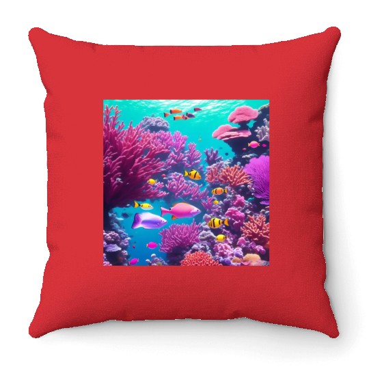 Viral magenta coral reef with tropical fish Throw Pillows