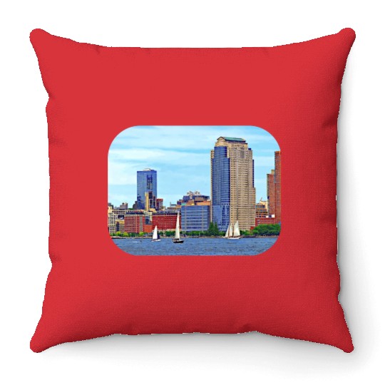 Manhattan NY - Boats By Manhattan Skyline Throw Pillows