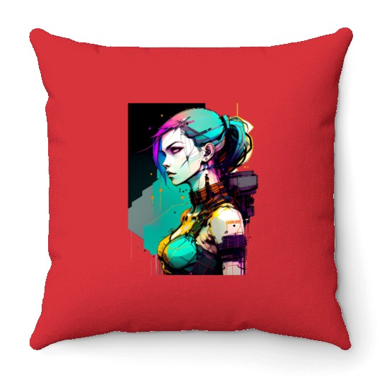 Bold and Beautiful Cyberpunk Girl with Teal Hair Throw Pillows