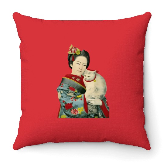 Geisha Cat Kimono Japanese Vintage Art Throw Pillows