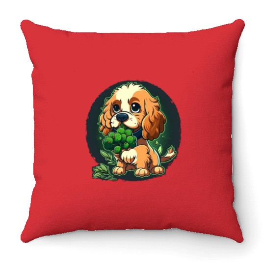Cute dog eats green broccoli vegetables Throw Pillows