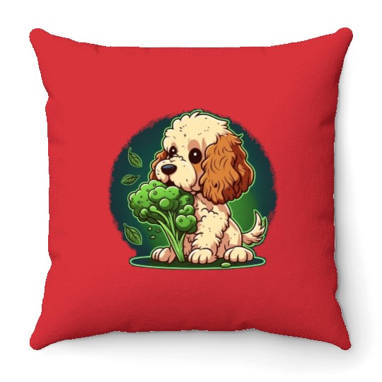Cute dog eats green broccoli vegetables Throw Pillows