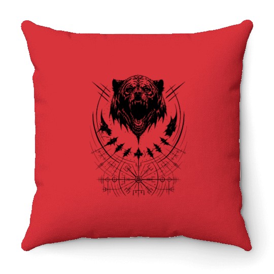Grizzly bear Vegvisir runes compass Viking tribal Throw Pillows