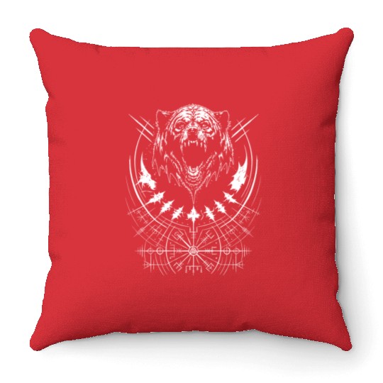 Grizzly bear Vegvisir runes compass Germanic Tribe Throw Pillows