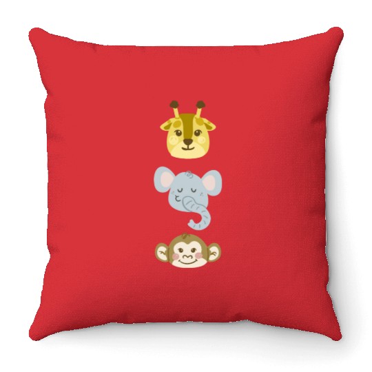 Giraffe, Elephant, Monkey Throw Pillows