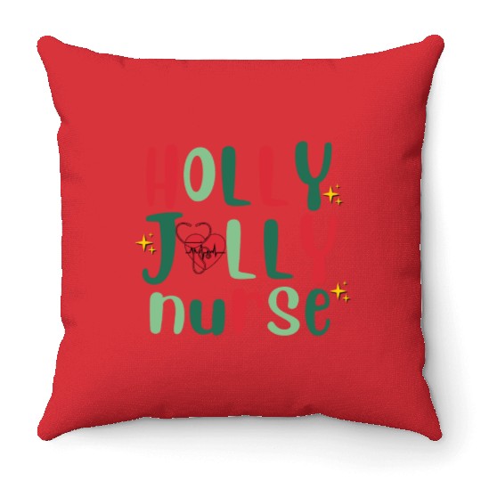 HOLLY JOLLY NURSE6 Throw Pillows