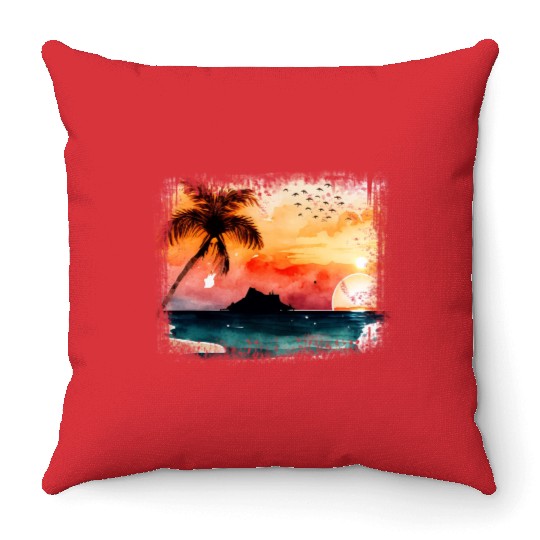 Beach Sunset Watercolor Design Art 5 Throw Pillows