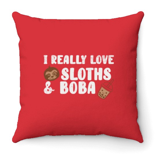 Cute Lazy Sloth Boba Tea Sweet Bubble Tea Throw Pillows