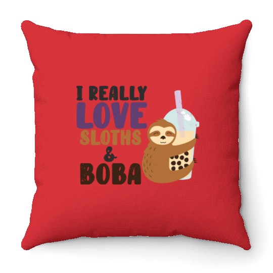 Cute Lazy Sloth Boba Tea Sweet Bubble Tea Throw Pillows