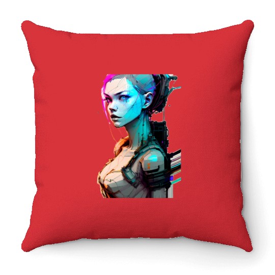 High Tech Style Illustration of a Cyberpunk Girl Throw Pillows