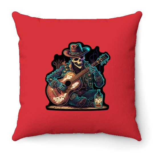 cowboy skeleton play guitar Throw Pillows