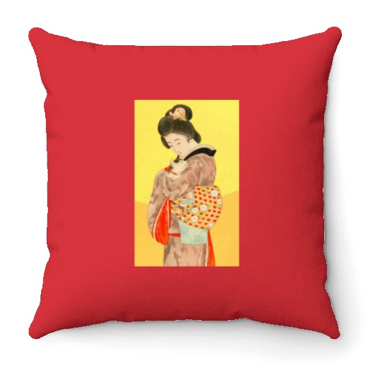 Geisha in Kimono with Cat Retro art Throw Pillows