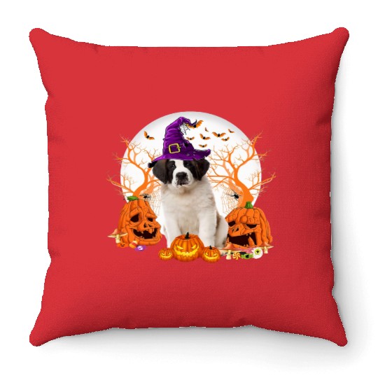 Dog Halloween Saint Bernard Dog Jack O Lantern Throw Pillows