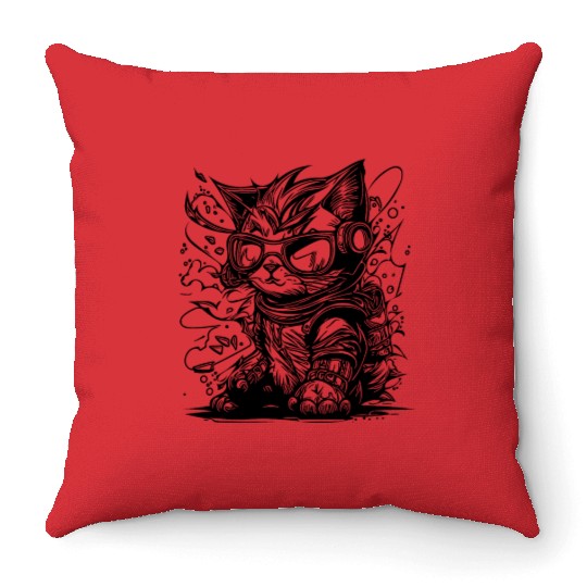 Little Cool Space Cat Splash Tattoo Style Throw Pillows