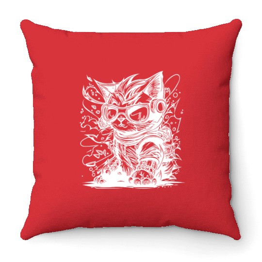 Little Cool Space Cat Splash Tattoo Style Throw Pillows