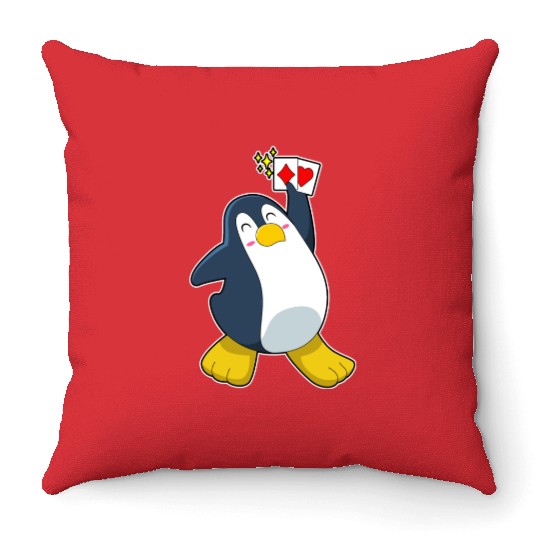 Penguin At Poker With Poker Cards Throw Pillows