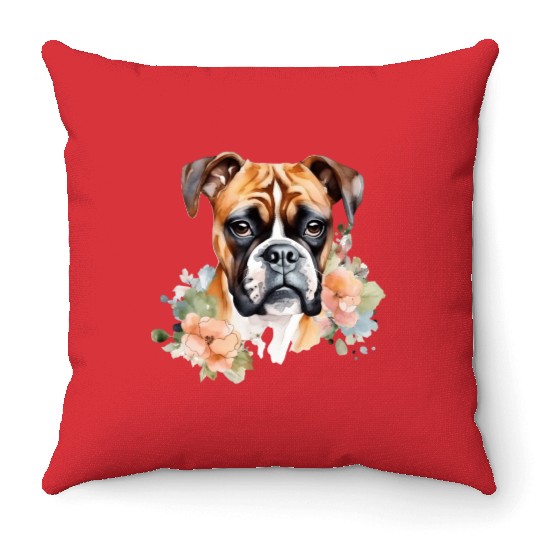 Boxer Dog Watercolor Floral Throw Pillows