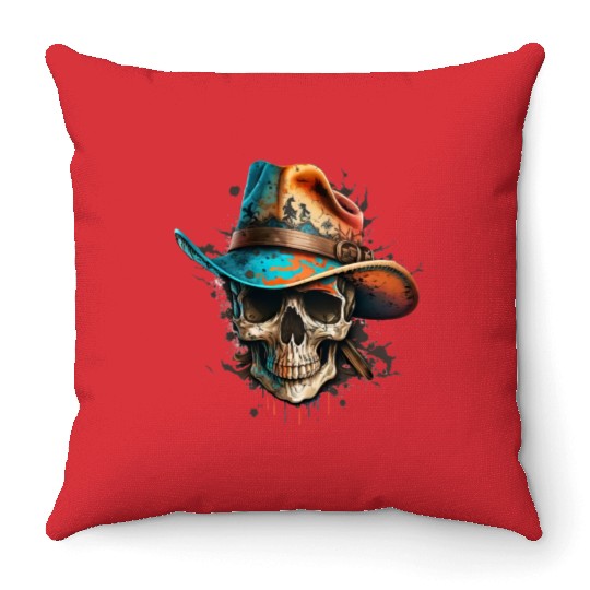 Watercolor Skull in a Cowboy Hat Skeleton Art 5 Throw Pillows