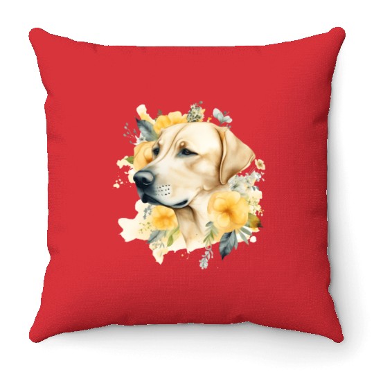 Yellow Lab Dog Watercolor Floral Throw Pillows