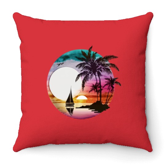 Beach Sunset Sailboat Palm Trees Ocean Vacation 3 Throw Pillows