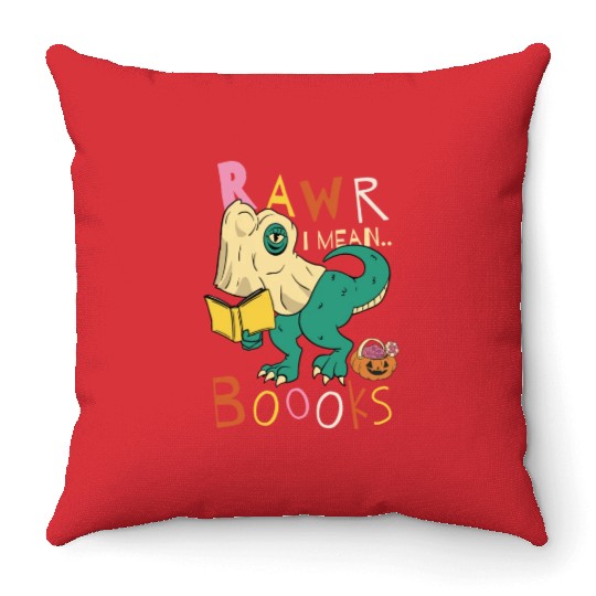 Reading Teacher Halloween T Rex Ghost Book Throw Pillows