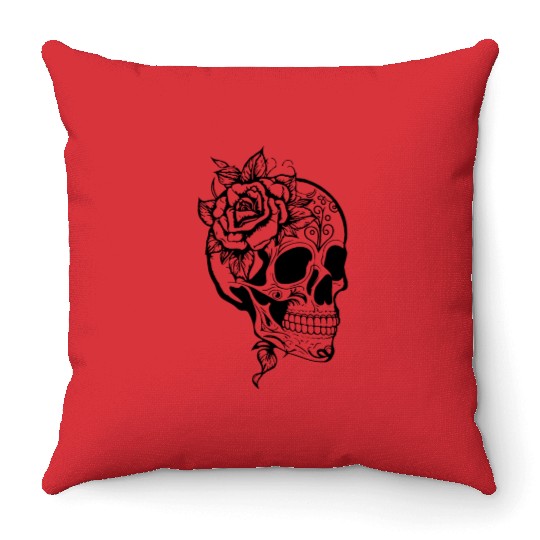 Skull Dia de los Muertos Halloween Tattoo Rose Throw Pillows