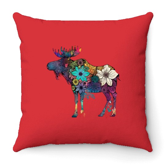 Floral Moose Elk Deer Wild Animal Watercolor Throw Pillows