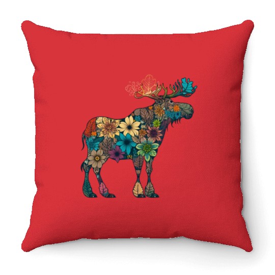 Floral Moose Elk Deer Wild Animal Watercolor 4 Throw Pillows