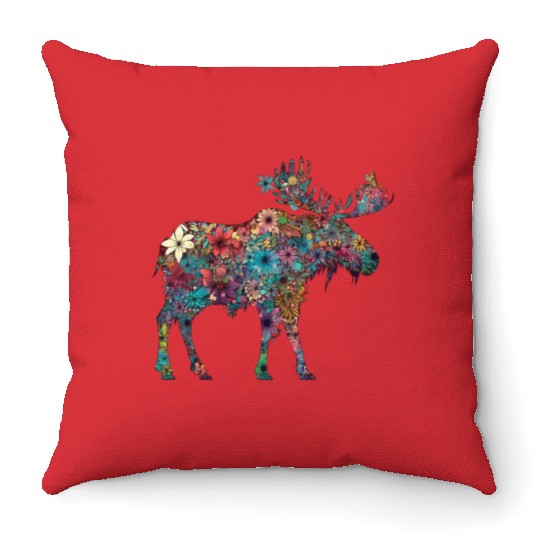 Floral Moose Elk Deer Wild Animal Watercolor 3 Throw Pillows