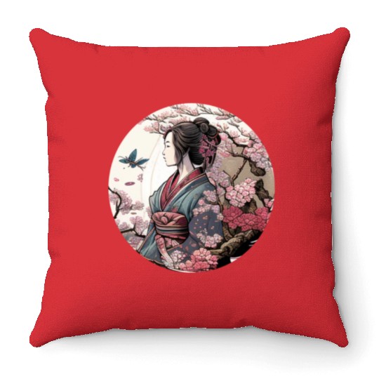 Beautiful Geisha Geiko Geigi Cherry Blossom Sakura Throw Pillows