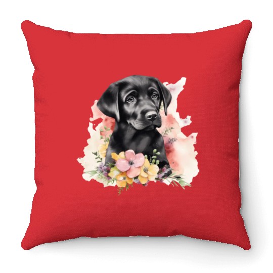 Black Lab Dog Watercolor Floral Throw Pillows