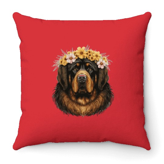 Tibetan Mastiff Flower Crown Floral Farm Animal Pe Throw Pillows