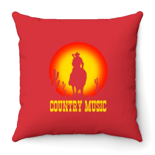 country music cowboy on horse with guitar - sunset Throw Pillows