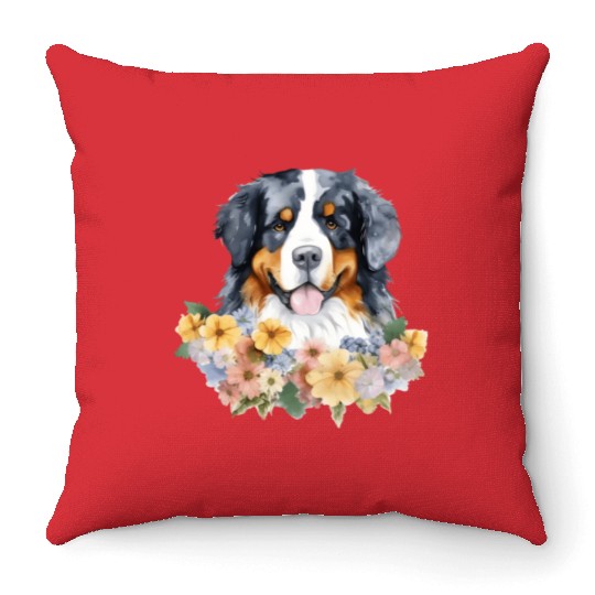 Bernese Mountain Dog Watercolor Floral Throw Pillows
