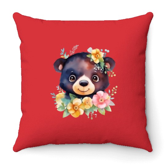 Black and Brown Forest Bear Watercolor Floral Throw Pillows